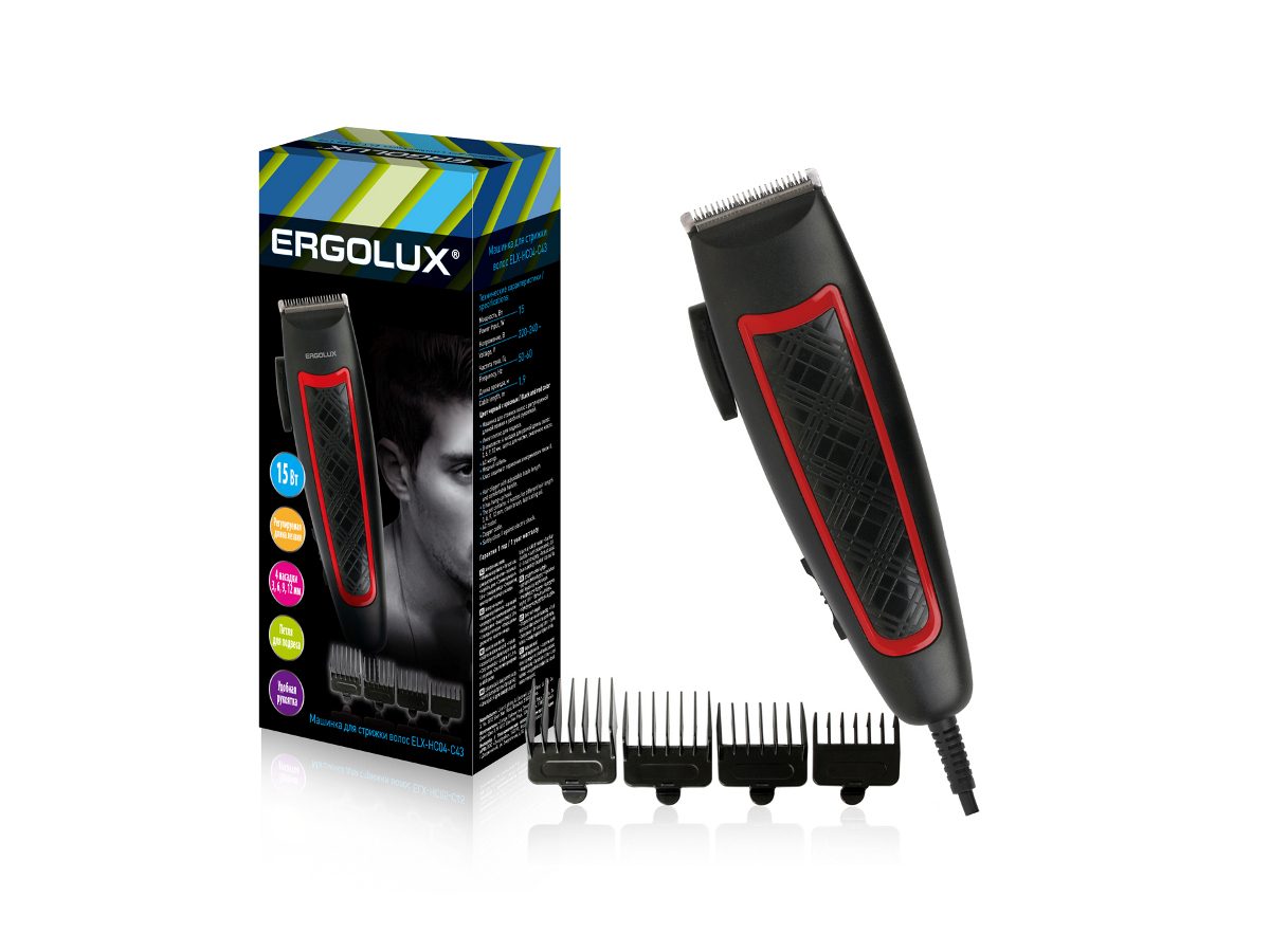 Машинка для стрижки волос ERGOLUX ELX-HC04-C43 черный с красным (15Вт, 220-240В) (1/20шт)