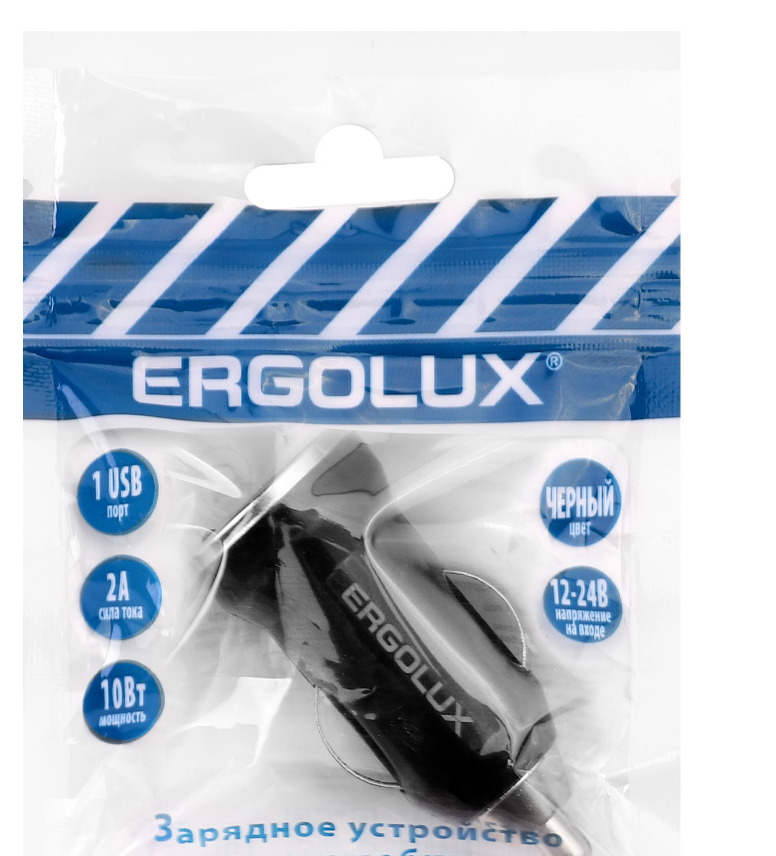 Автомобильное зарядное устройство Ergolux черный 1USB,12В,5V/2А,LED (1/10/240шт)